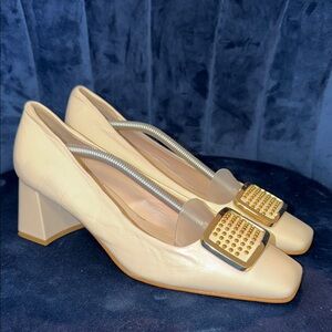 Napoleoni Elegant Leather Cream Block Heels w/ Gold Dot Accents EU39 US8